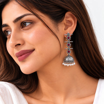 Charmbell Triple Bell Layered Jhumka Earring (Maroon)