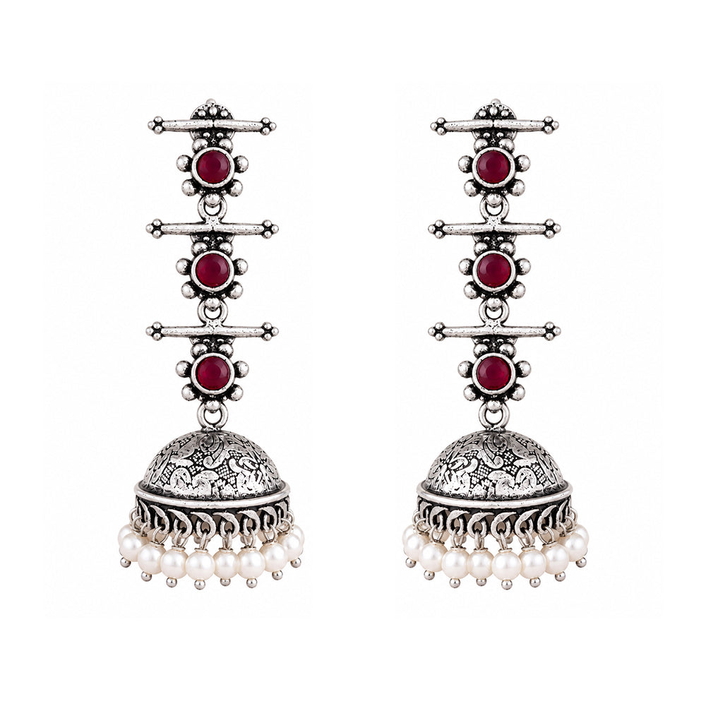 Charmbell Triple Bell Layered Jhumka Earring (Maroon)