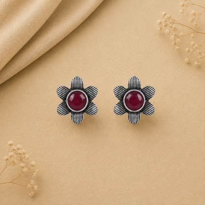 Adiva Silver Stud Earrings (Red)