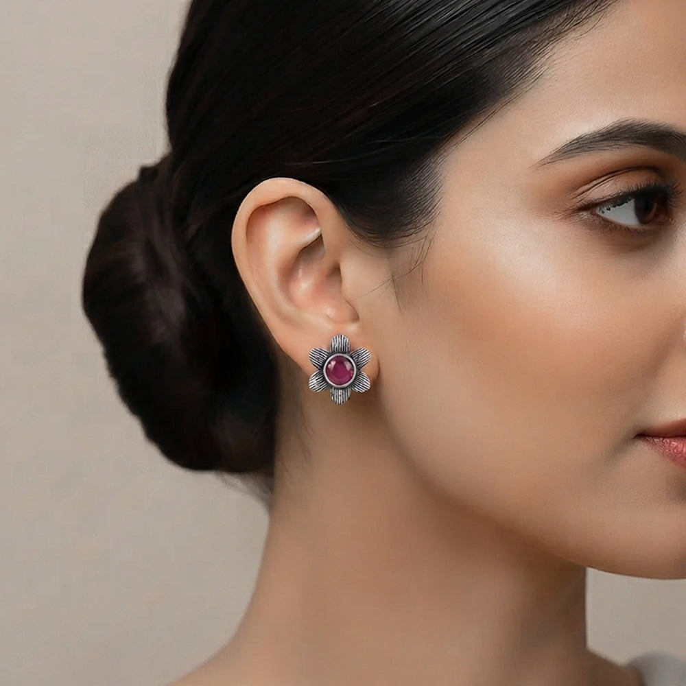 Adiva Silver Stud Earrings (Red)