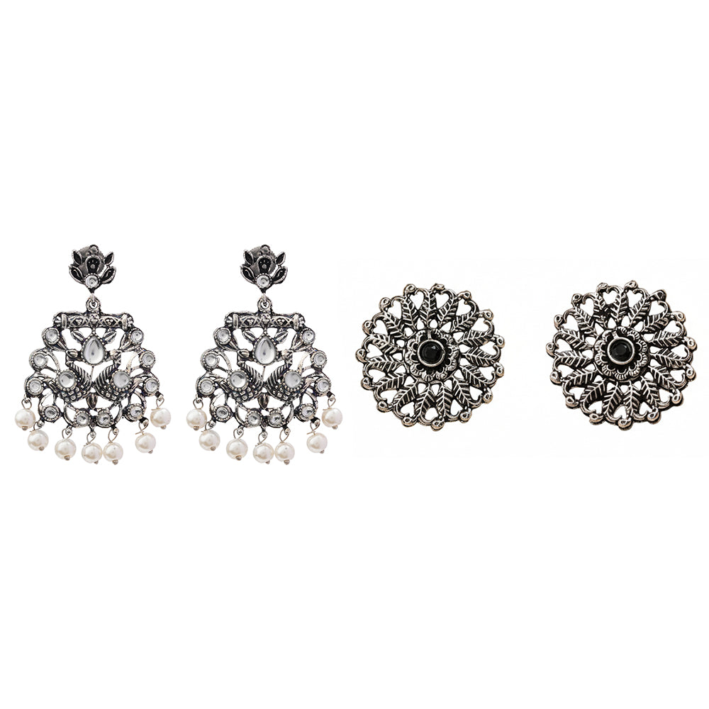 Peacock glow stone studded dangler earrings &Wildflower oxidised stud earrings Combo set for Women and Girl