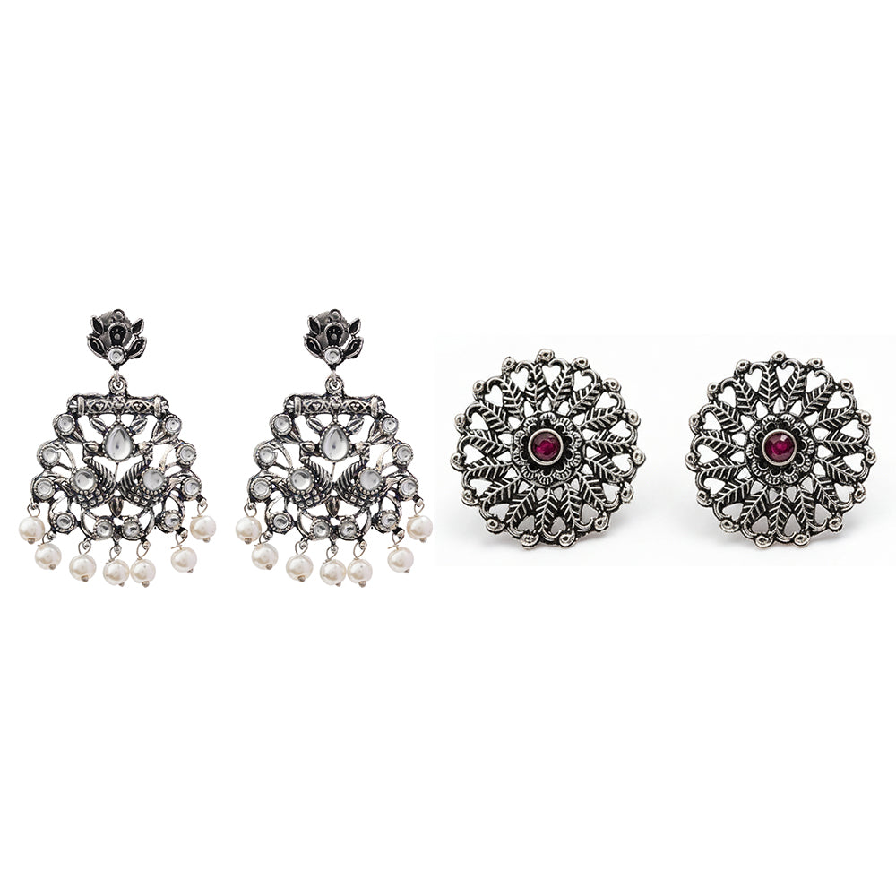Peacock glow stone studded dangler earrings &Wildflower oxidised stud earrings Combo set for Women and Girl