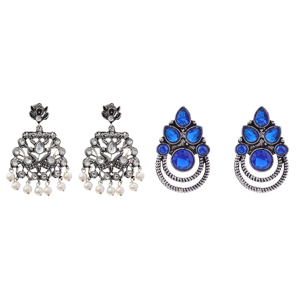 Peacock glow stone studded dangler earrings &Aqua crown stone stud earrings Combo set for Women and Girl
