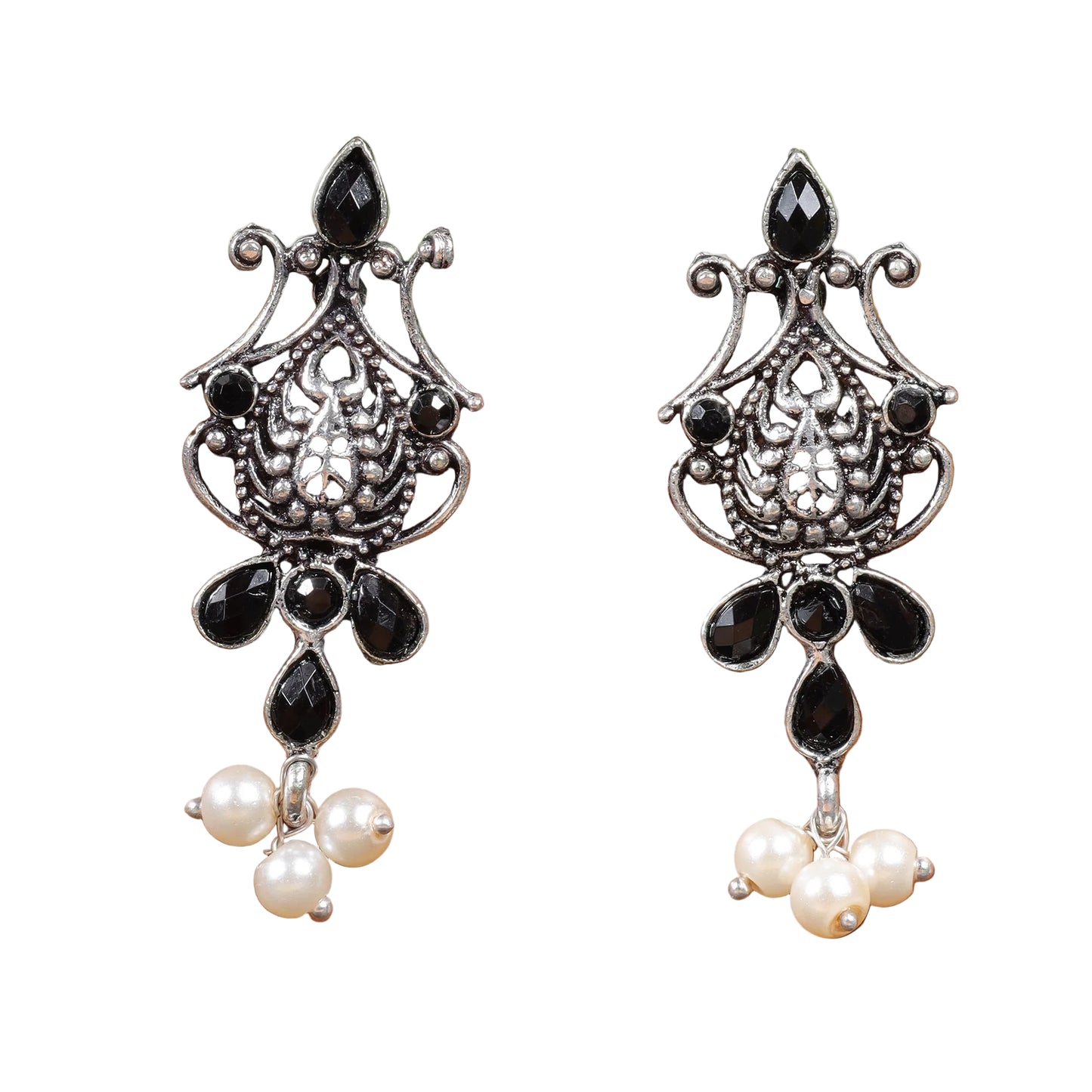 Flower motif hanging pearls dangler earring (Black)