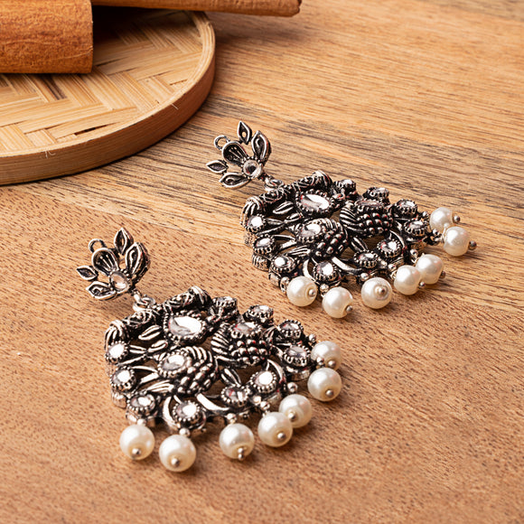 White Stone Studded Danglers With Hanging Pearls