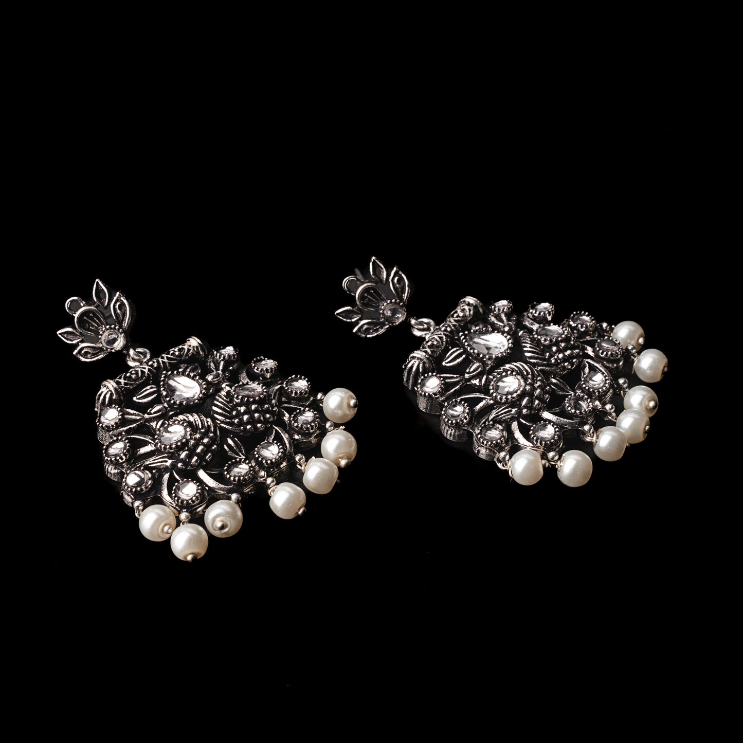 White Stone Studded Danglers With Hanging Pearls