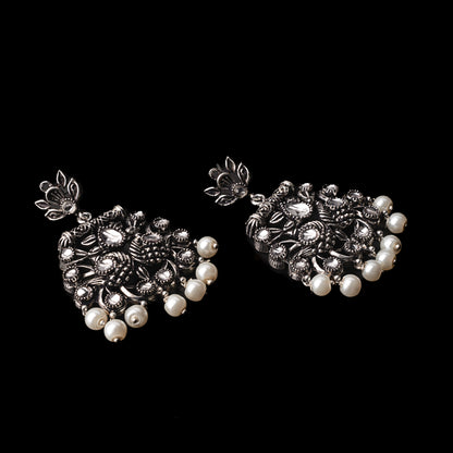 White Stone Studded Danglers With Hanging Pearls