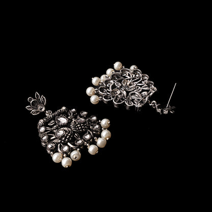 White Stone Studded Danglers With Hanging Pearls