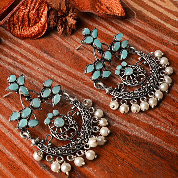 Mint Stone Studded Beautiful Oxidised Danglers With Hanging Baby Pearls