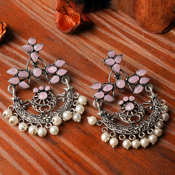 Baby Pink Stone Studded Beautiful Oxidised Danglers With Hanging Baby Pearls