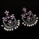 Baby Pink Stone Studded Beautiful Oxidised Danglers With Hanging Baby Pearls