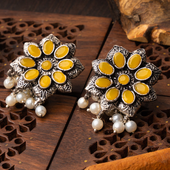 Yellow Stone Studded Oxidised Earrings With Hanging Pearls