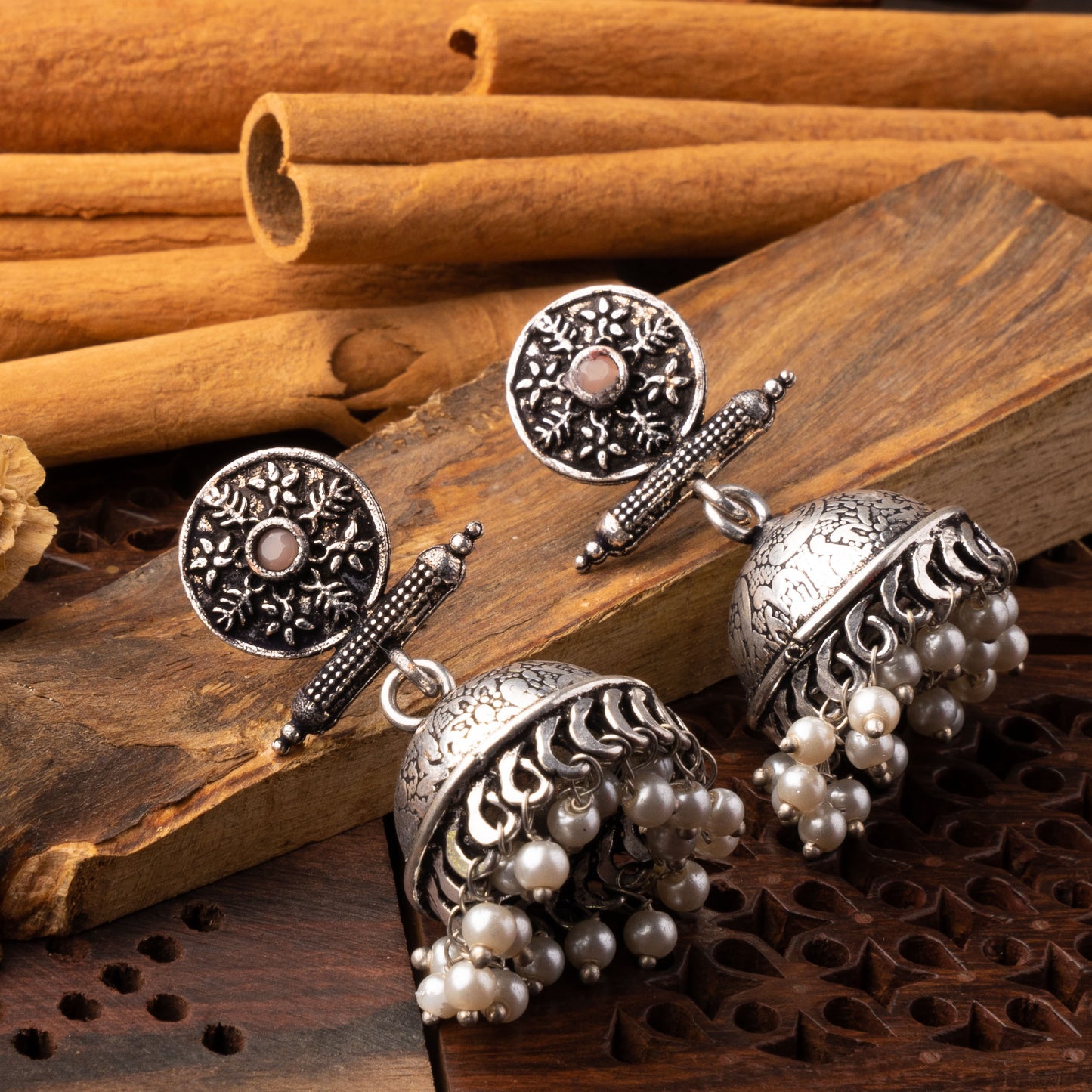 Light Orangish Stone Studded Oxidised Earrings With Hanging Pearls