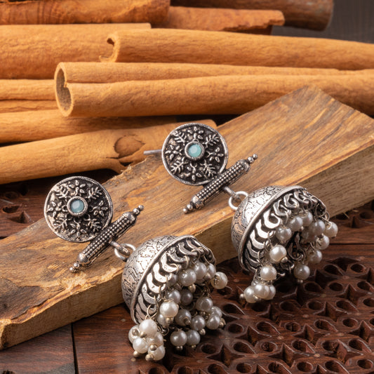 Mint Stone Studded Oxidised Earrings With Hanging Pearls