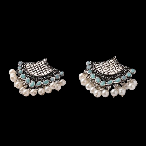 Mint Stone Studded Lotus Petal Shaped Oxidised Earrings With Hanging Line Of Pearl