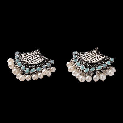 Mint Stone Studded Lotus Petal Shaped Oxidised Earrings With Hanging Line Of Pearl
