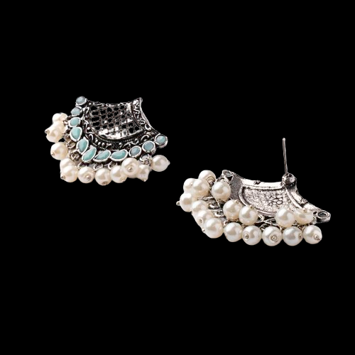 Mint Stone Studded Lotus Petal Shaped Oxidised Earrings With Hanging Line Of Pearl