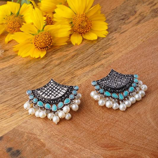 Mint Stone Studded Lotus Petal Shaped Oxidised Earrings With Hanging Line Of Pearl