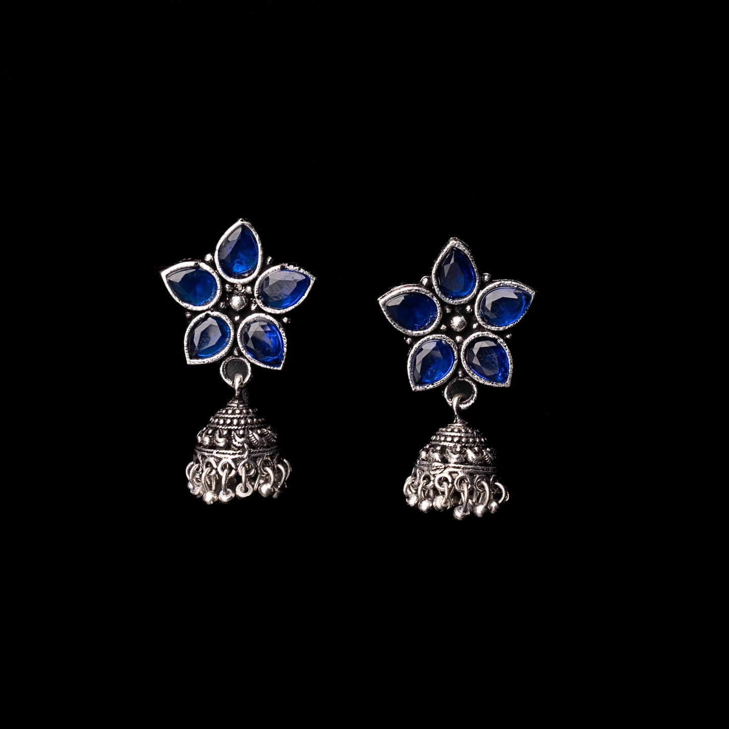 Blue Stone Studded Oxidised Dangler With Hanging Jhumki Earrings