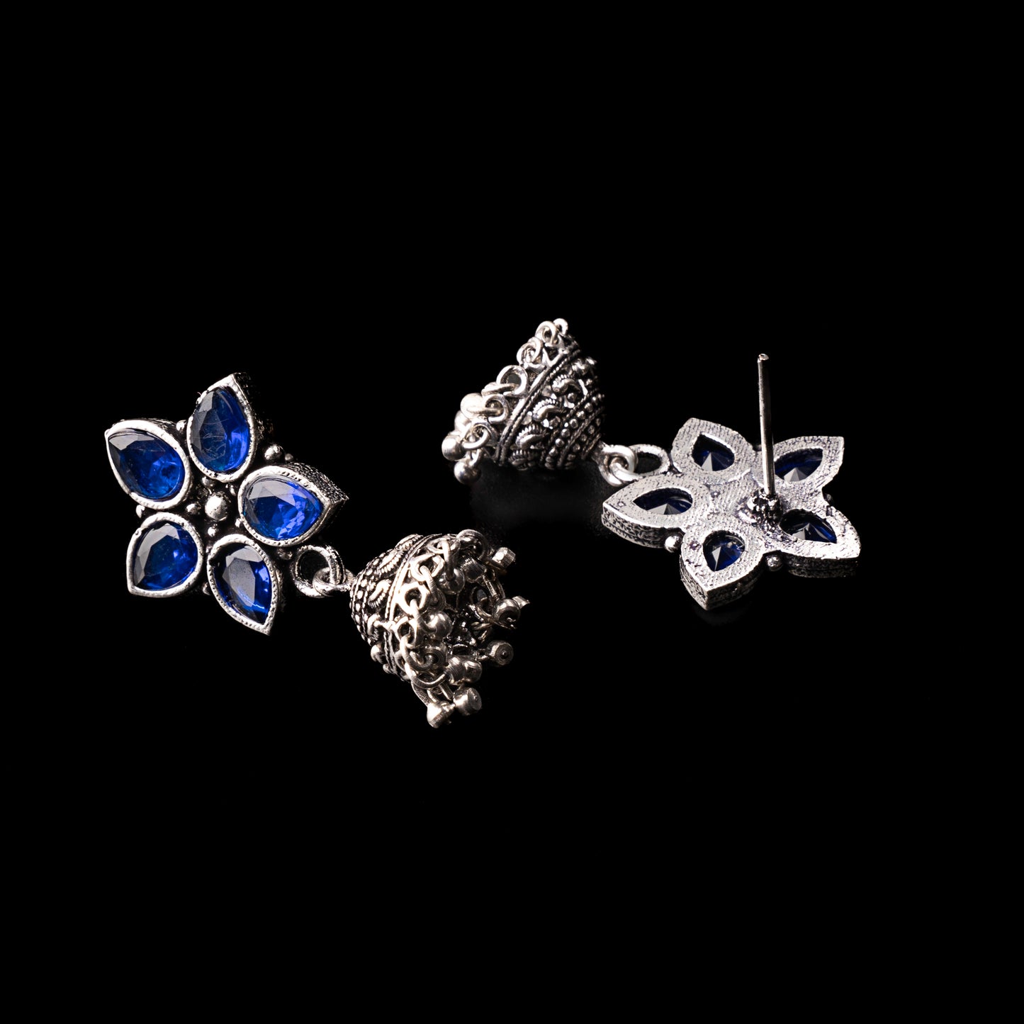 Blue Stone Studded Oxidised Dangler With Hanging Jhumki Earrings