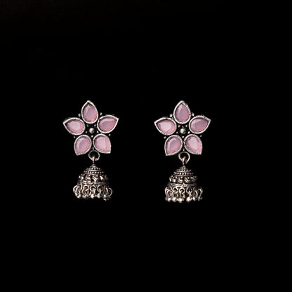 Baby Pink Stone Studded Oxidised Dangler With Hanging Jhumki Earrings