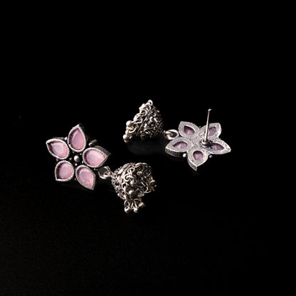Baby Pink Stone Studded Oxidised Dangler With Hanging Jhumki Earrings