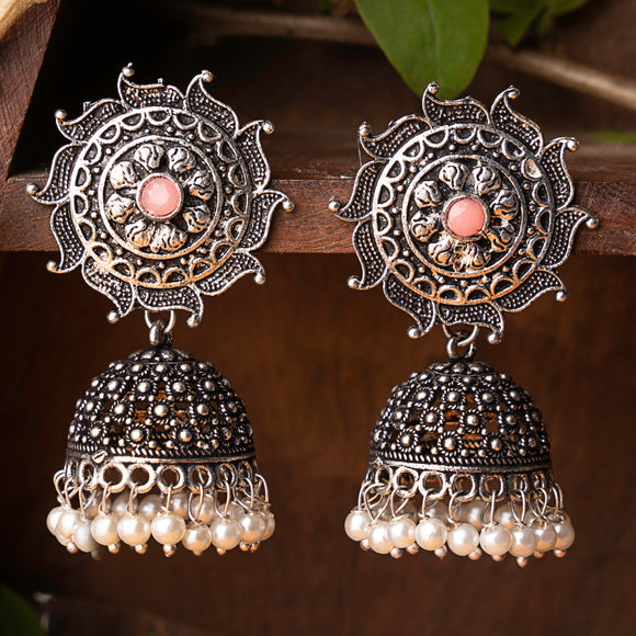 Baby Pink Stone Studded German Silver Statement Earrings With Brass Jhumki