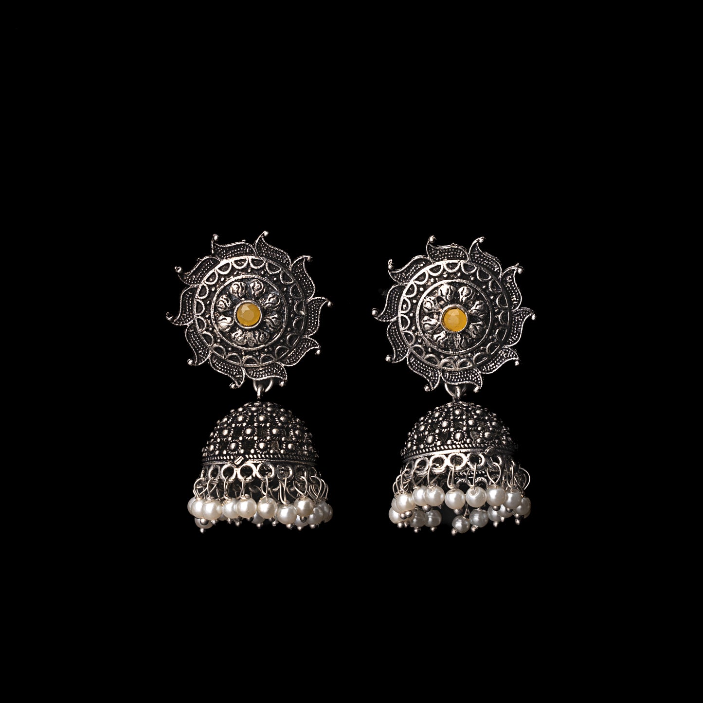 Yellow Stone Studded German Silver Statement Earrings With Brass Jhumki