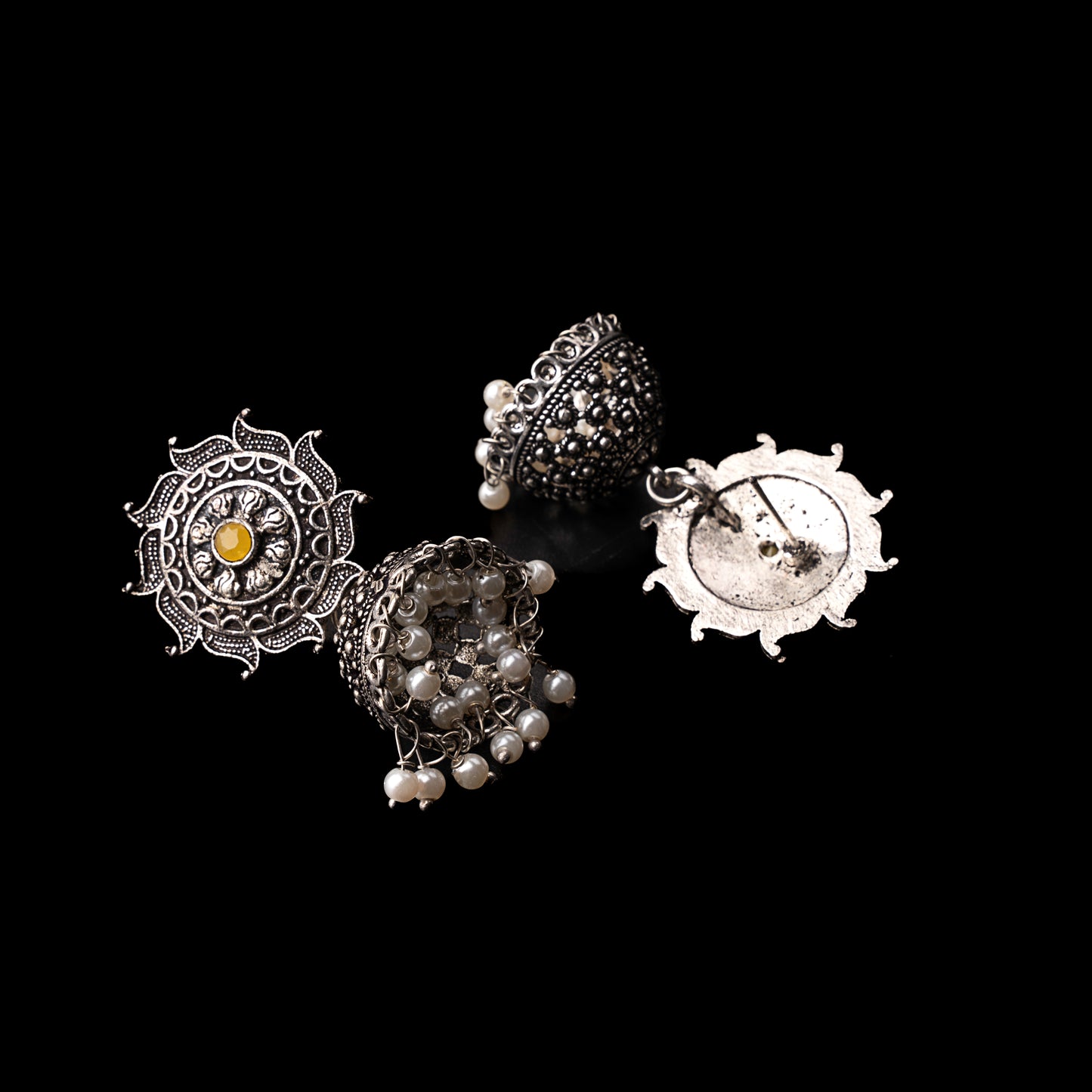 Yellow Stone Studded German Silver Statement Earrings With Brass Jhumki
