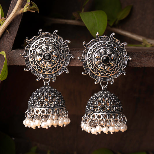 Black Stone Studded German Silver Statement Earrings With Brass Jhumki