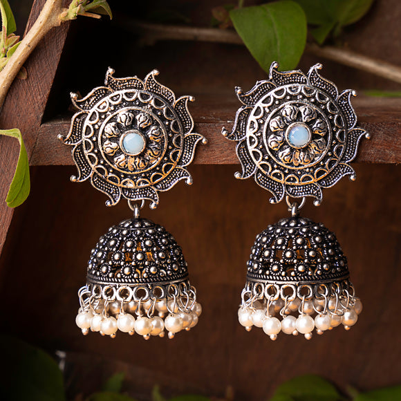 Mint Stone Studded German Silver Statement Earrings With Brass Jhumki