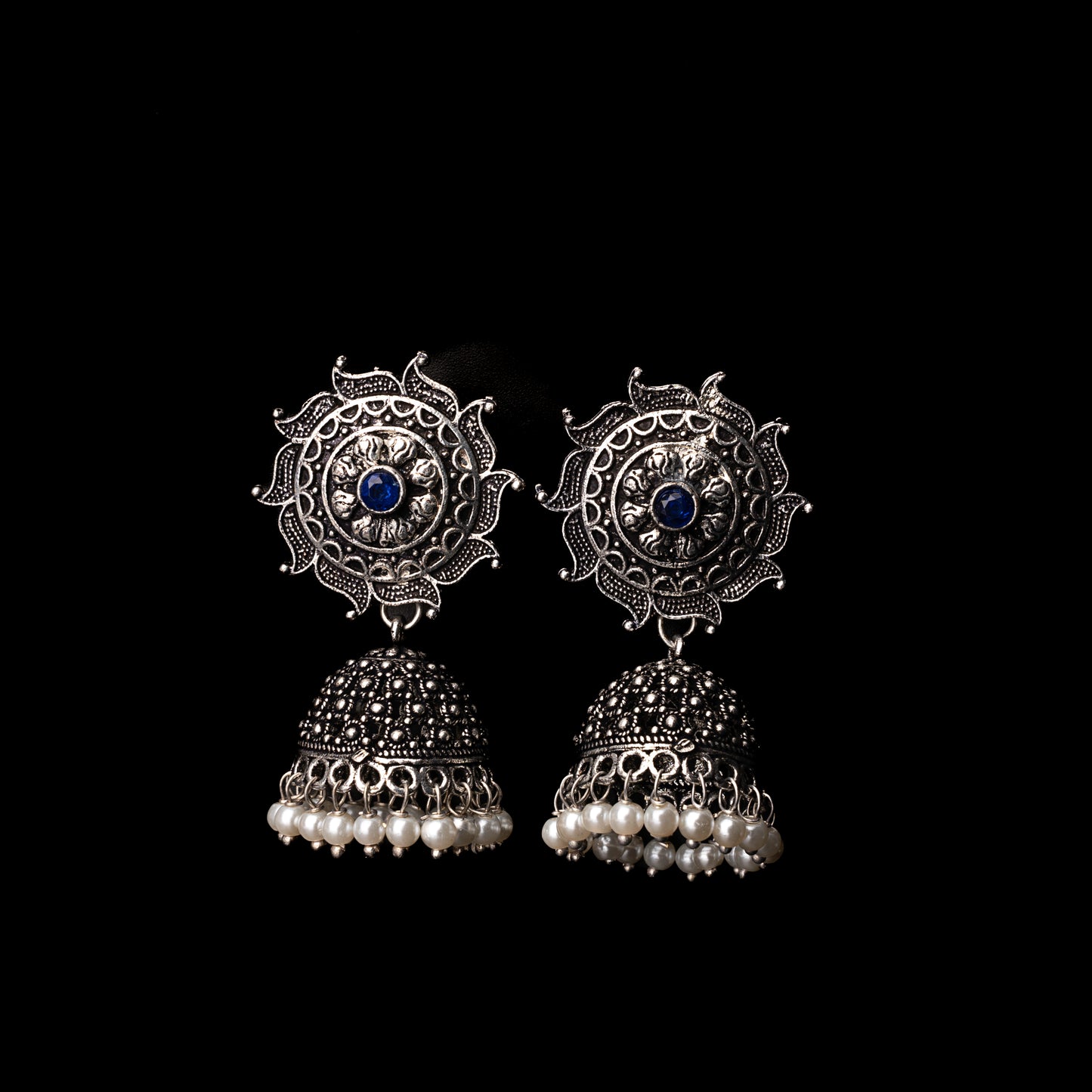 Blue Stone Studded German Silver Statement Earrings With Brass Jhumki