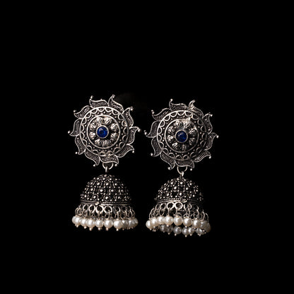 Blue Stone Studded German Silver Statement Earrings With Brass Jhumki