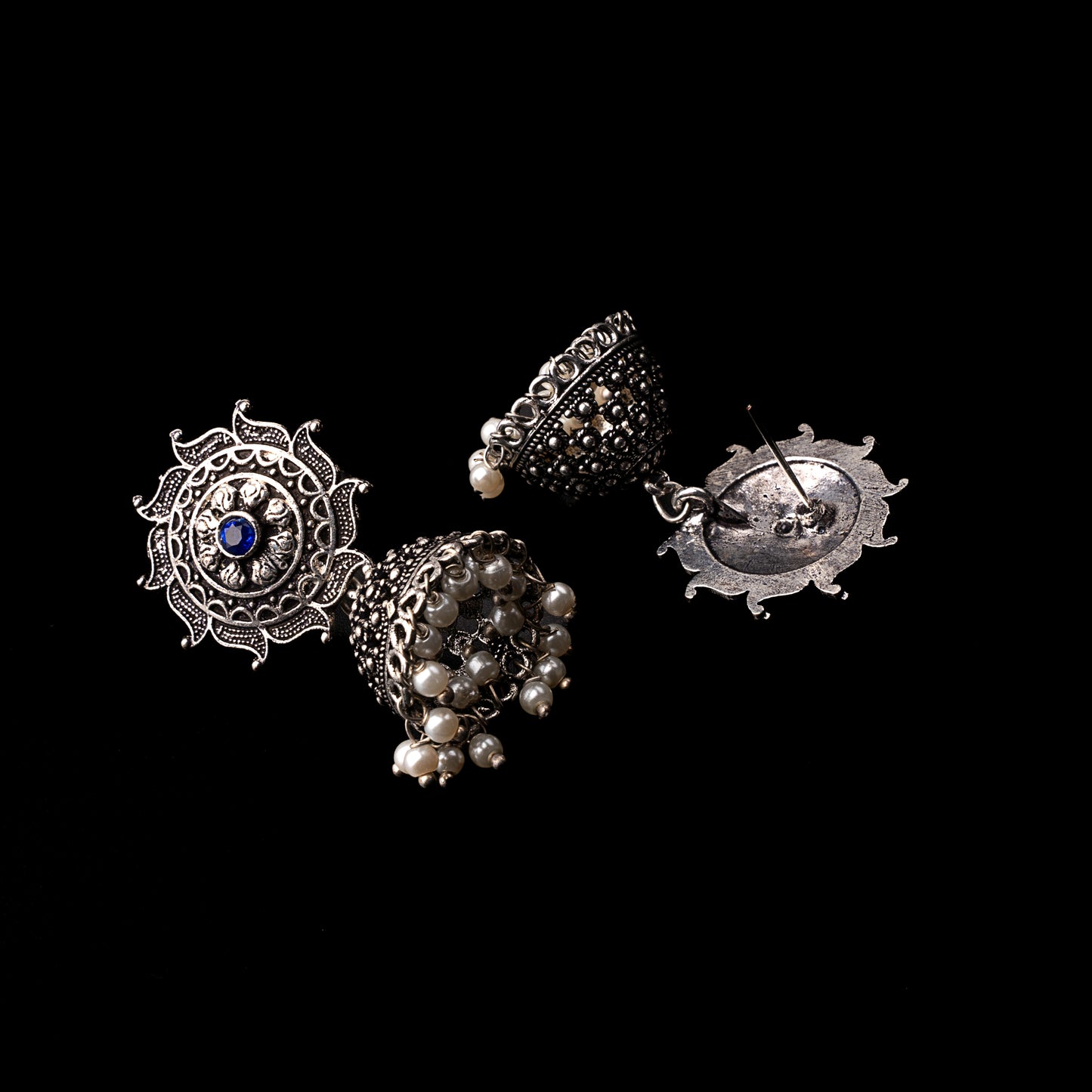 Blue Stone Studded German Silver Statement Earrings With Brass Jhumki
