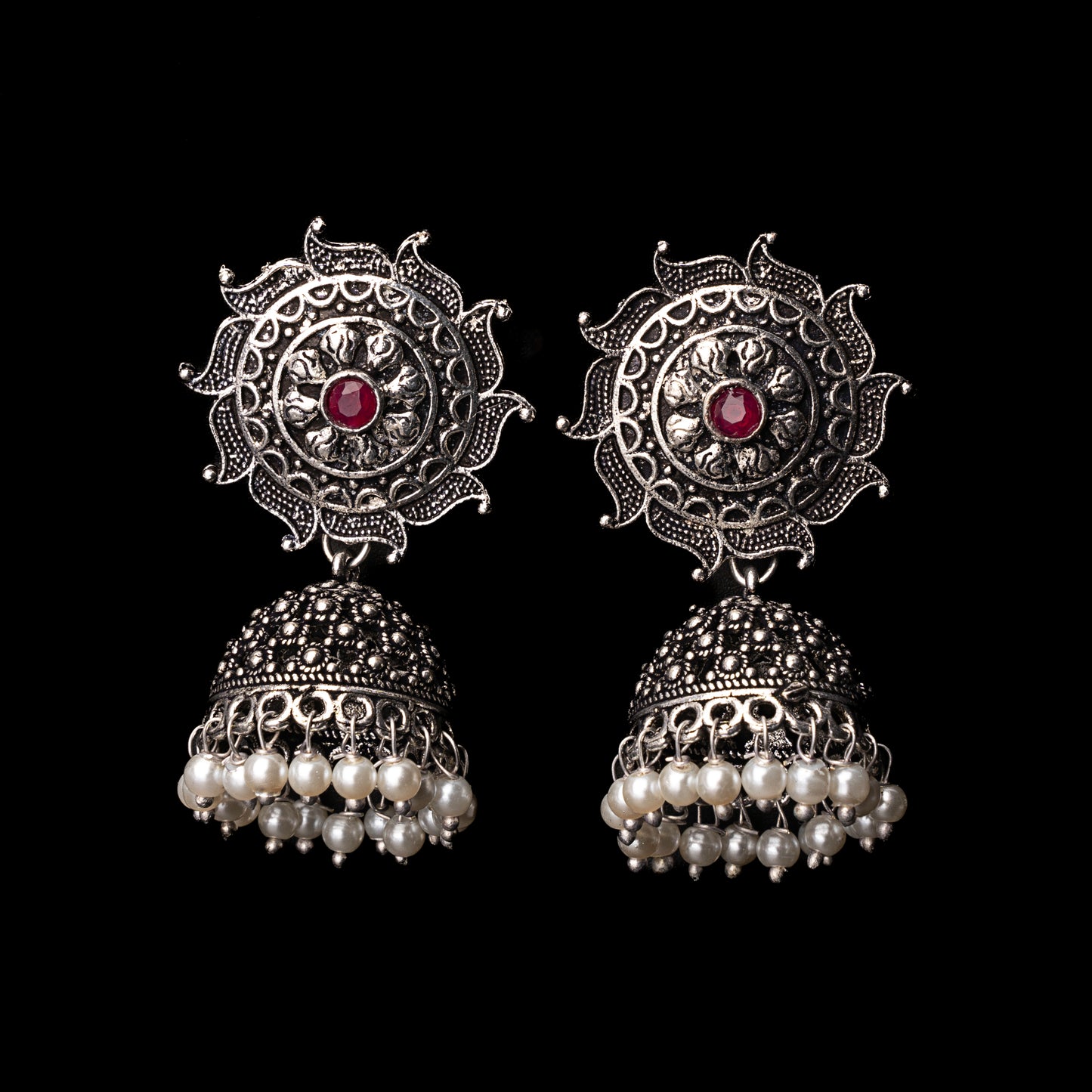 Red Stone Studded German Silver Statement Earrings With Brass Jhumki