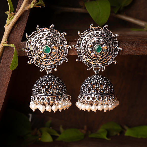 Green Stone Studded German Silver Statement Earrings With Brass Jhumki