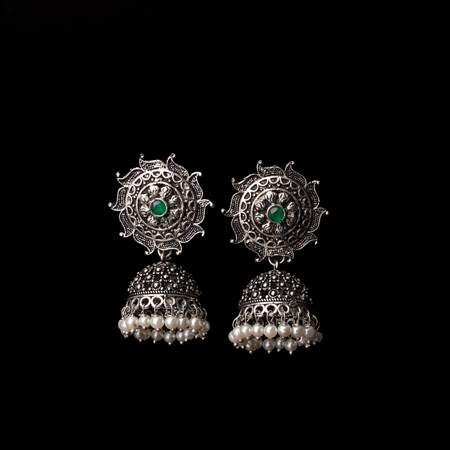 Green Stone Studded German Silver Statement Earrings With Brass Jhumki