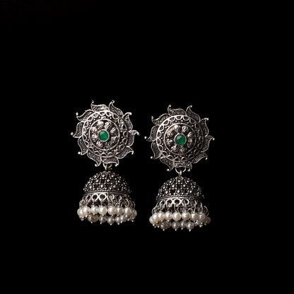 Green Stone Studded German Silver Statement Earrings With Brass Jhumki