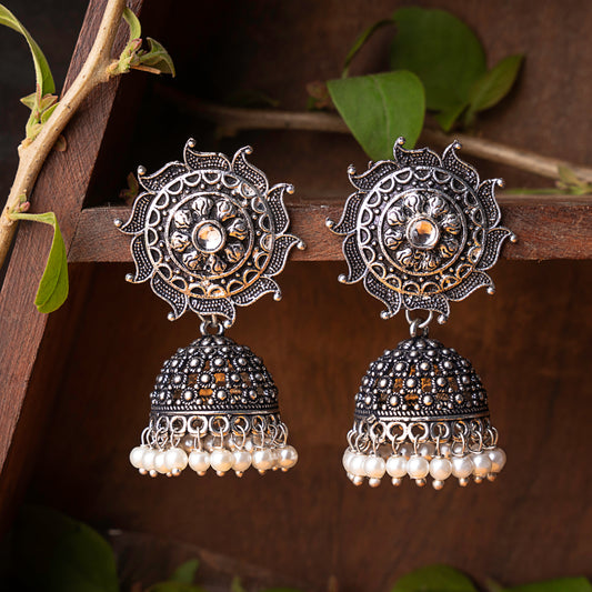White Stone Studded German Silver Statement Earrings With Brass Jhumki
