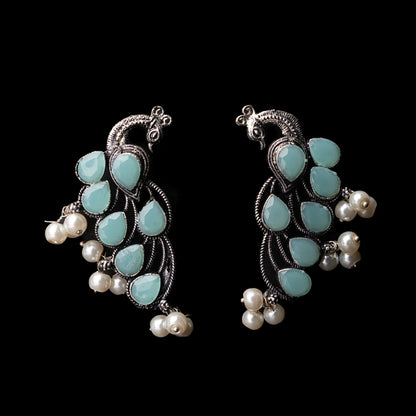 Mint Stone Studded Peacock Shaped Earrings With Hanging Pearls