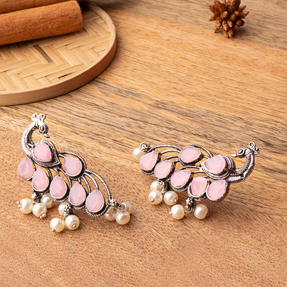 Baby Pink Stone Studded Peacock Shaped Earrings With Hanging Pearls