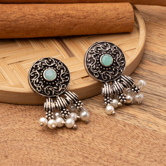 Mint Stone Studded Elegant Oxidised Stud Earrings