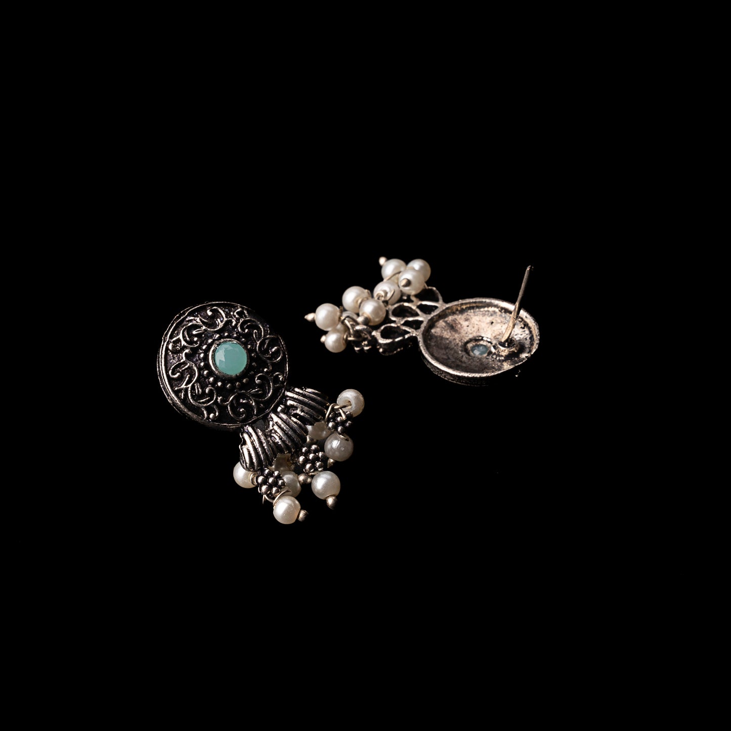 Mint Stone Studded Elegant Oxidised Stud Earrings