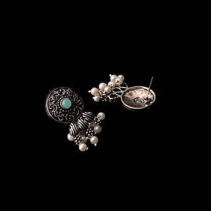Mint Stone Studded Elegant Oxidised Stud Earrings
