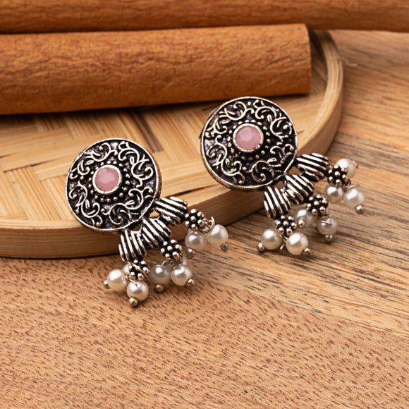 Baby Pink Stone Studded Elegant Oxidised Stud Earrings