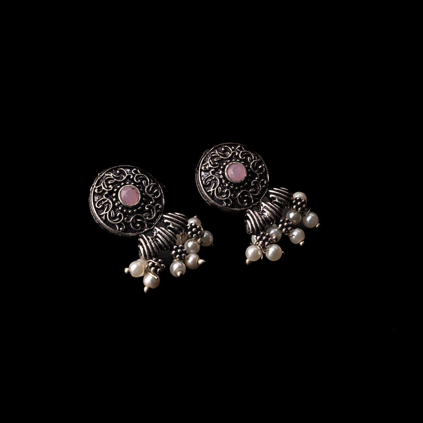 Baby Pink Stone Studded Elegant Oxidised Stud Earrings