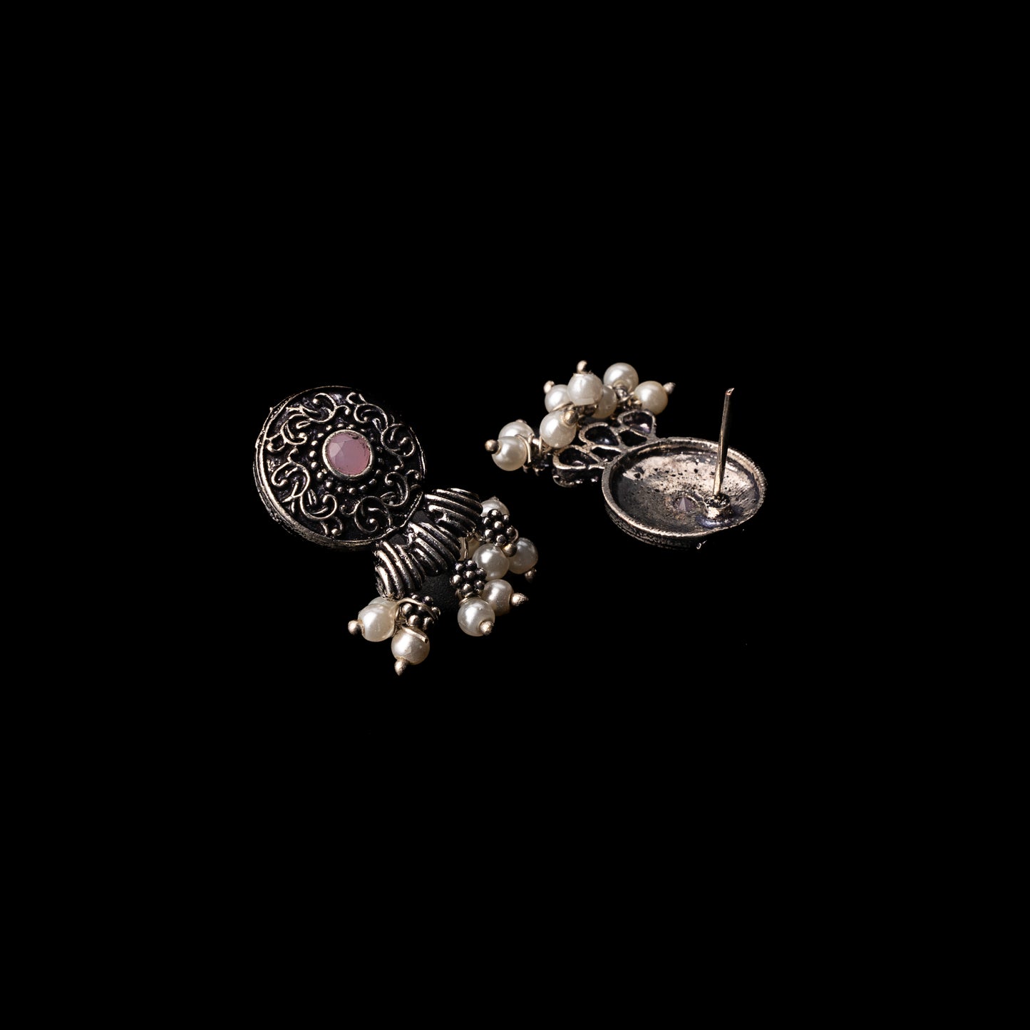 Baby Pink Stone Studded Elegant Oxidised Stud Earrings