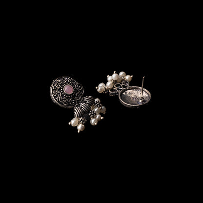 Baby Pink Stone Studded Elegant Oxidised Stud Earrings