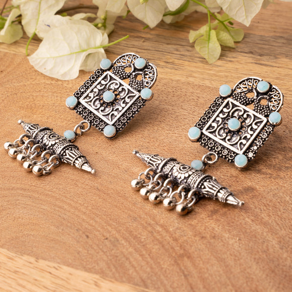 Mint Stone Studded Oxidised Statement Earrings With Hanging Ghunghuroo
