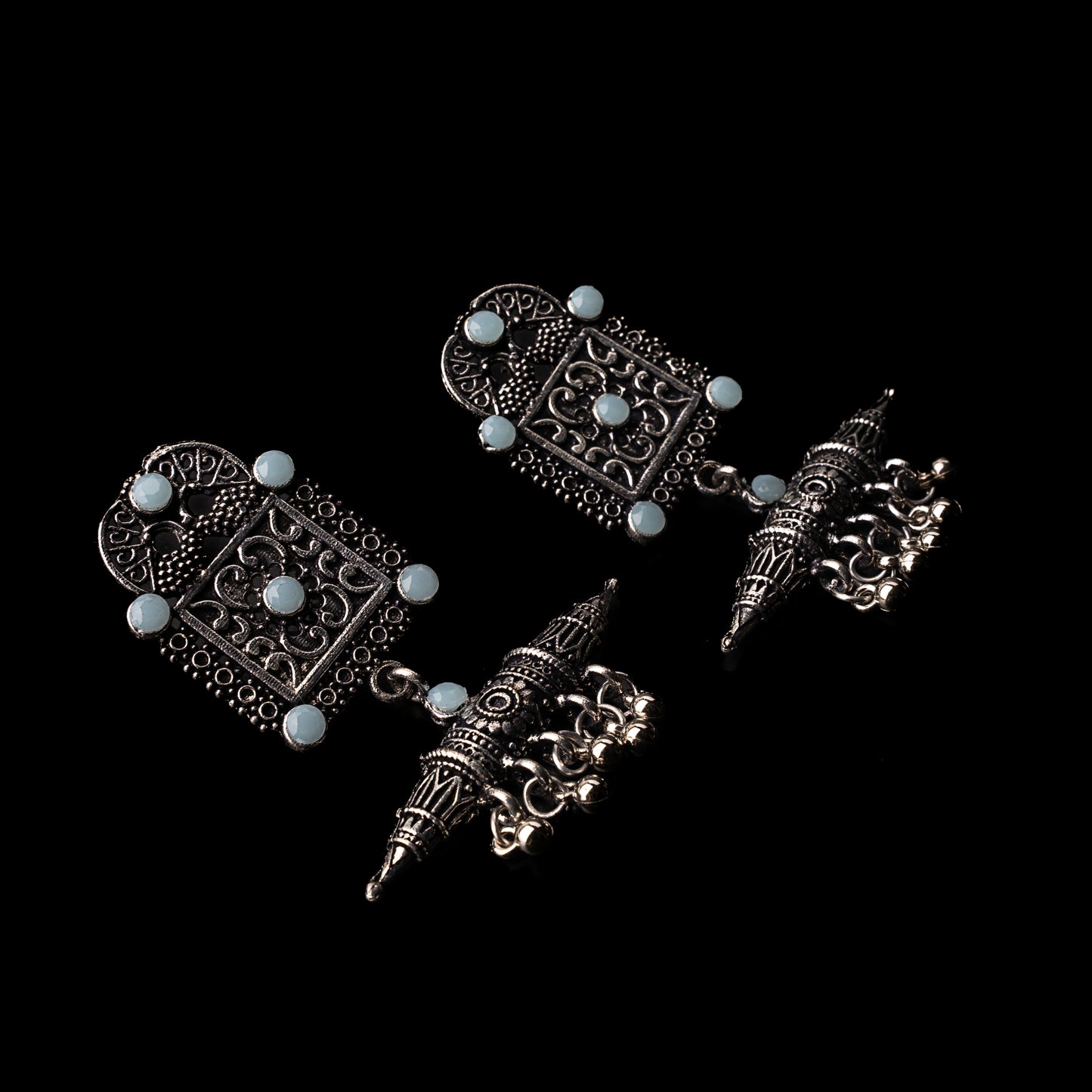 Mint Stone Studded Oxidised Statement Earrings With Hanging Ghunghuroo